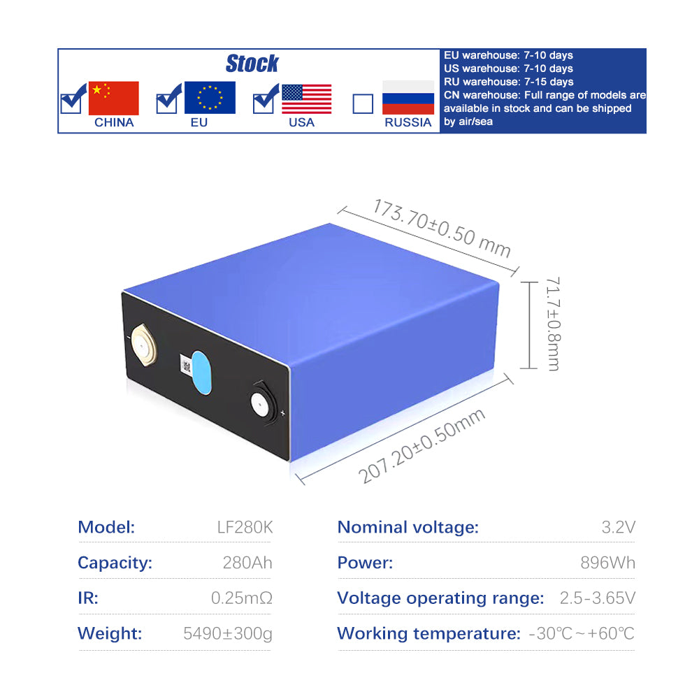 EU Stock Free Shipping EVE LF280K LiFePO4 280Ah Battery Rechargeable Deep cycle Cell for energy storage Home Solar Energy DIY 12V 24V 48V 72V battery Pack