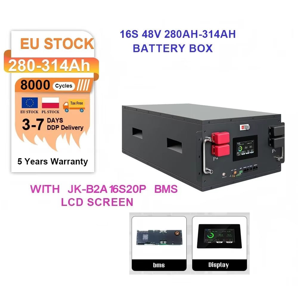 DDP 48V 16S 280Ah-314Ah DIY Battery Box Kit With 200A BMS & V19 LCD Screen Power Bank Outdoor Supply Boat Solar Energy Storage