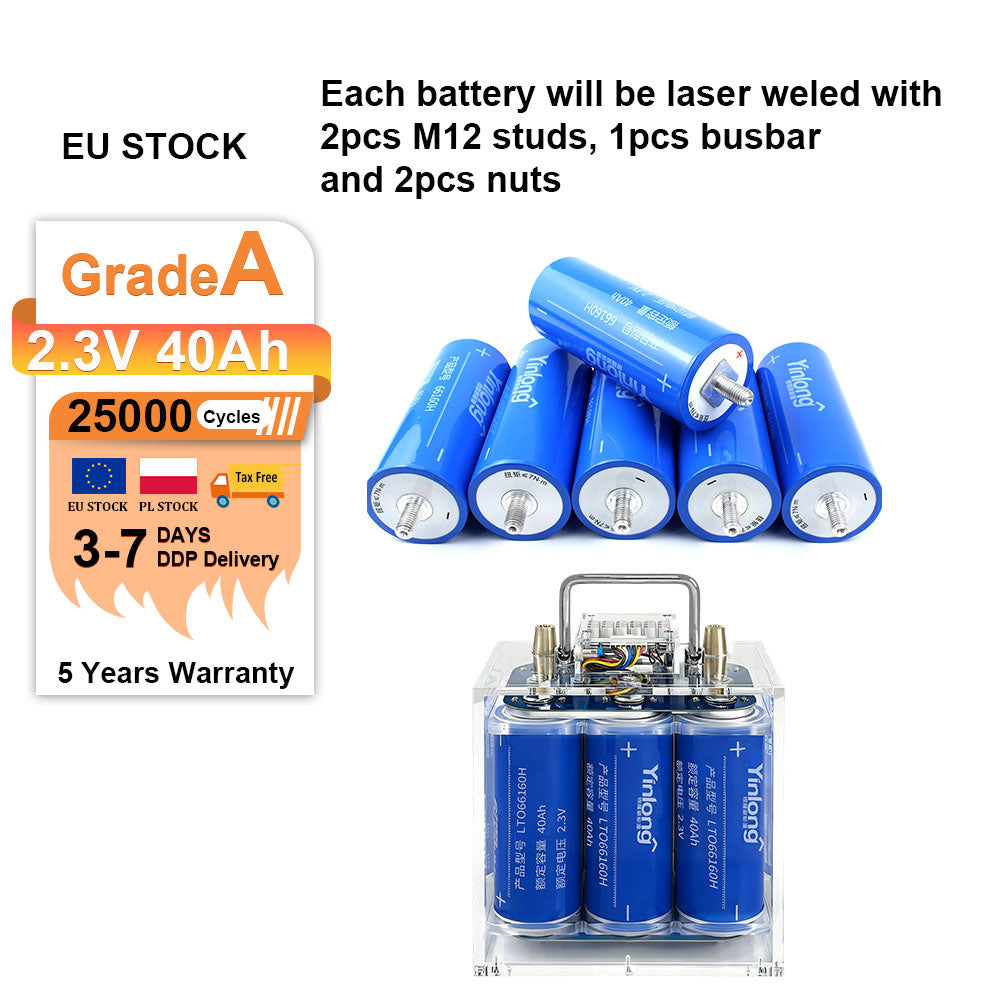 EU Stock DDP Yinlong 2.3V 40Ah LTO Battery LTO 2.3V 40Ah Lithium Titanate Battery 25000 Cycle Cylindrical Cell for Car Energy