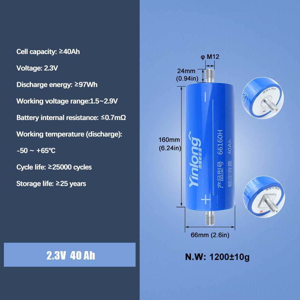 EU Stock DDP Yinlong 2.3V 40Ah LTO Battery LTO 2.3V 40Ah Lithium Titanate Battery 25000 Cycle Cylindrical Cell for Car Energy